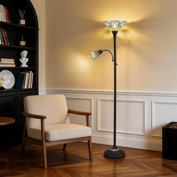 Luvkczc Tiffany-Style Floor Lamp, Stained Glass Lamp Victorian Style with Adjustable Gooseneck Reading Lamp – 70" Tall Torchiere Floor Lamps for Living Room