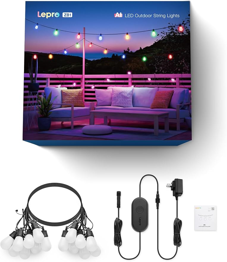 Lepro ZB1 AI Smart Outdoor String Lights, 54(42+12) ft RGB+IC+Warm White | Outside Patio Lights, 15 Plastic LED Bulbs, Music Sync, Alexa Google Enable, 2.4 GHz WiFi+Bluetooth, APP Control, No Remote