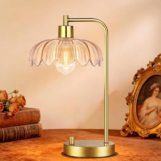 ILLMTW Glass Table Lamp Set of 2,Small Gold Bedside Lamps Dimmable Boho Bedroom Lamp with Tulip Flower Amber Lamp Shade,Vintage Mid Century Modern Mini Nightstand Lamp for Bedroom Living Room