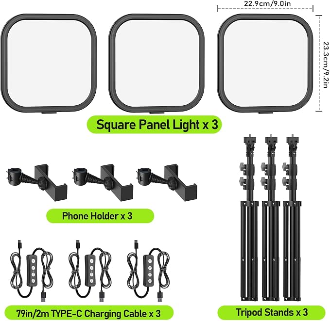 3 Pack LED Video Panel Light, 2500-8500K Dimmable Studio Lights with Tripod Stand & Phone Holder, 78" Photography Lighting Kit for Video Recording, Game Streaming, Photography, Tiktok, YouTube