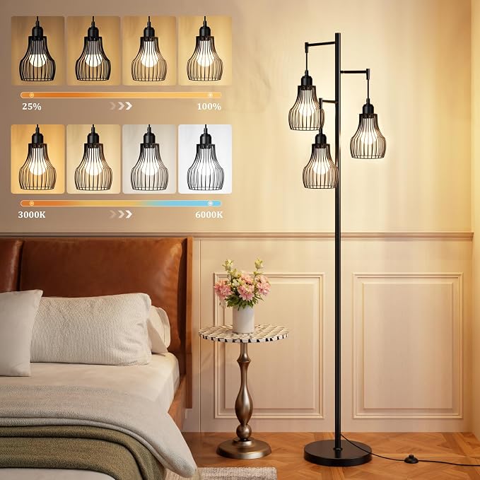Ziisee Dimmable Floor Lamps for Living Room, Farmhouse Tree Standing Tall Lamp with Remote Control 3 Elegant Cage Shade LED Bulbs for Bedroom Office - Black