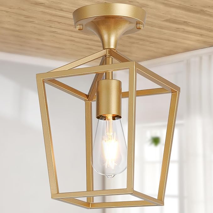 【Upgraded】Semi Flush Mount Ceiling Light,Gold Industrial Ceiling Light Fixtures, Farmhouse Light Fixture for Hallway Stairway Garage Living Room Dining Room Balcony(Not waterproof, Not for Outdoor)