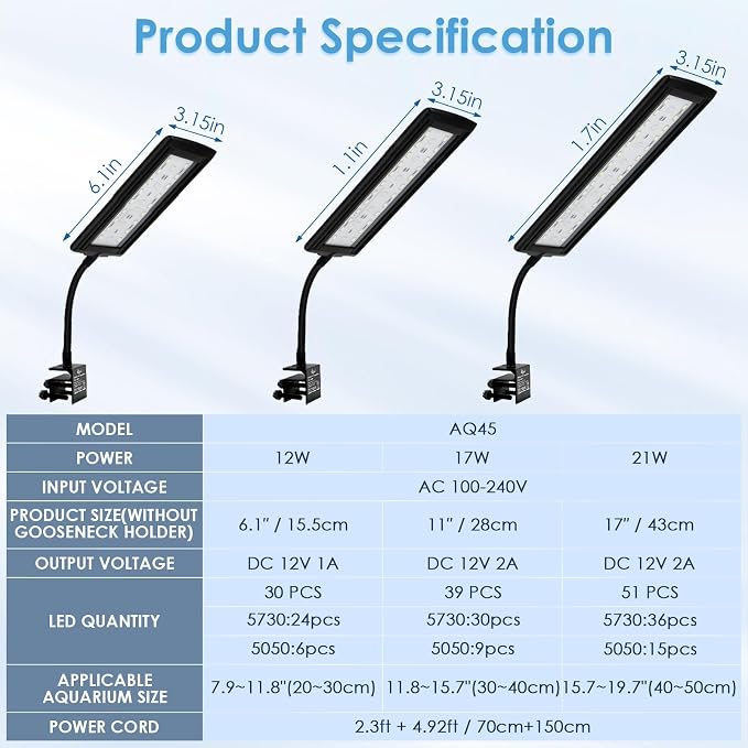 AQQA Clip On Aquarium Light for Plants Full Spectrum Fish Tank Light | 24/7 Natural Mode & DIY RGBW Mode, 6 Timer Settings, 9 Color Options & 10 Dimmable Levels for (21W for 15.7"-19.7" Tank)