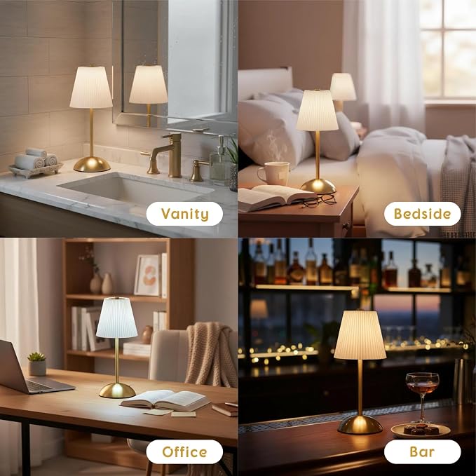 2-Pack Cordless Rechargeable Table Lamps, Battery Operated Lamp | LED Gold Touch Lamp Cordless, Mini Battery Powered Lamp Stepless Dimming, Cocktail Table Lamps for Nightstand, Bar (White)