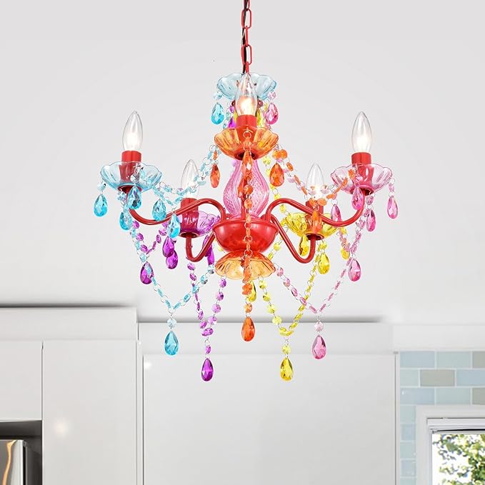 Colorful Small Crystal Chandelier for Girls Bedroom, 5-Light Acrylic Chandelier Lighting Fixture, Kids Room Nursery Ceiling Light for Closet, Playroom, Bathroom, Entryway