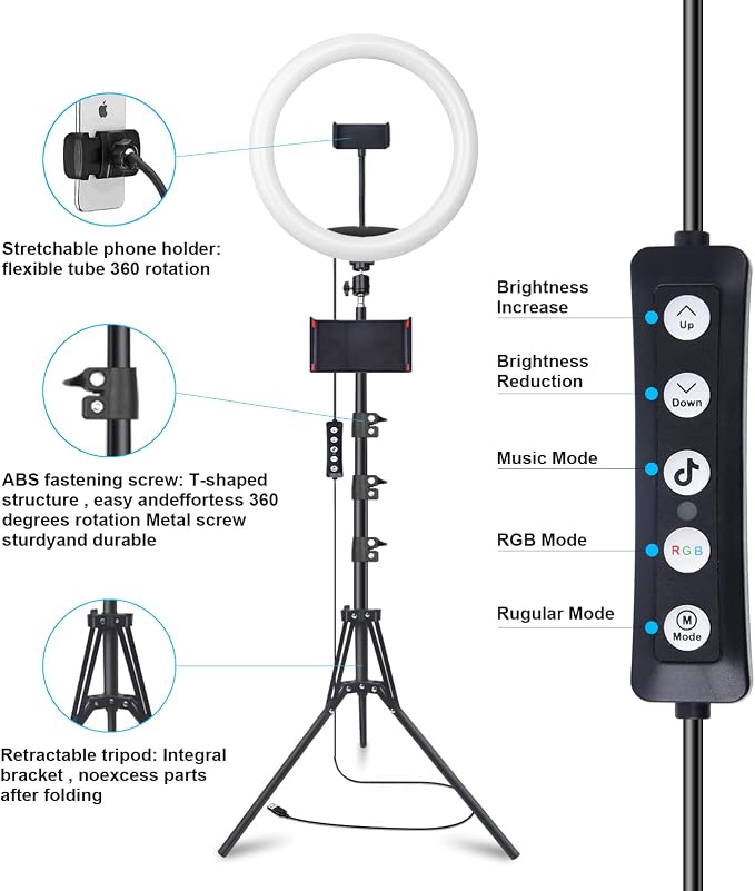 10" Selfie Ring Light with 73" Tripod Stand & 1 Phone Holder, LED Camera Ringlight with 48 RGB Colors Modes & Musical Rhythm Mode and 12 Brightness Dimmable for TikTok/Makeup/Photography/Vlog