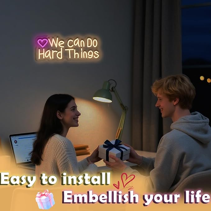 We Can Do Hard Things neon sign, suitable for classroom wall decoration, back-to-school season, graduation season, student gifts. Dimmable, USB powered, pink heart-shaped inspirational neon light.