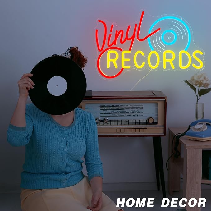 Neon Record Sign - Vintage Record Store Retro Light, Vinyl Record Decor LED Sign for Music Room, Home Studio & Man Cave, Retro Wall Art Gift for Audiophiles and Collectors(16.8 * 10.9inch)