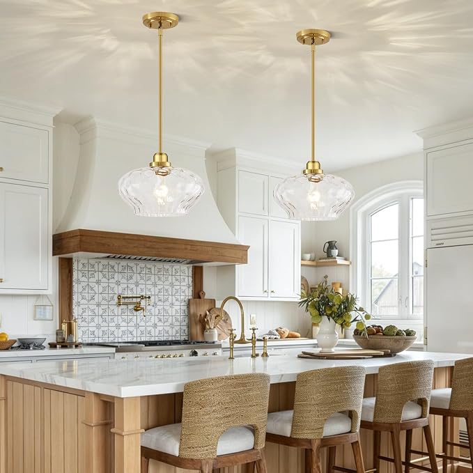 Modern Pendant Lights Kitchen Island, Brushed Gold Pendant Light Fixtures with 11" Clear Hammered Glass Shade, Industrial Hanging Pendant Lights Fixture for Kitchen Island Dining Room Hallway Entryway