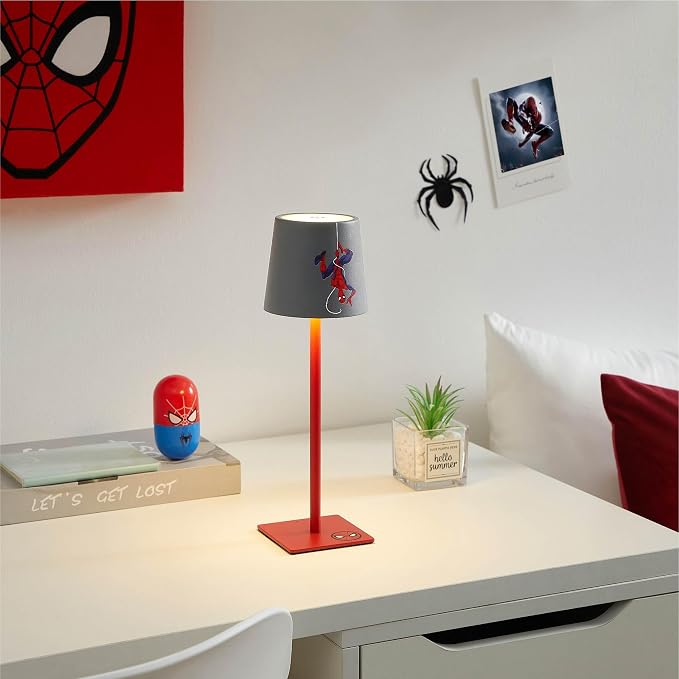 Marvel Spiderman Kids Touch Night Light Lamp, Rechargeable Battery Operated Bedroom Table Lamp with Touch On/Off, Portable LED Desk Light with Charging Cord for Nursery & Children’s Room