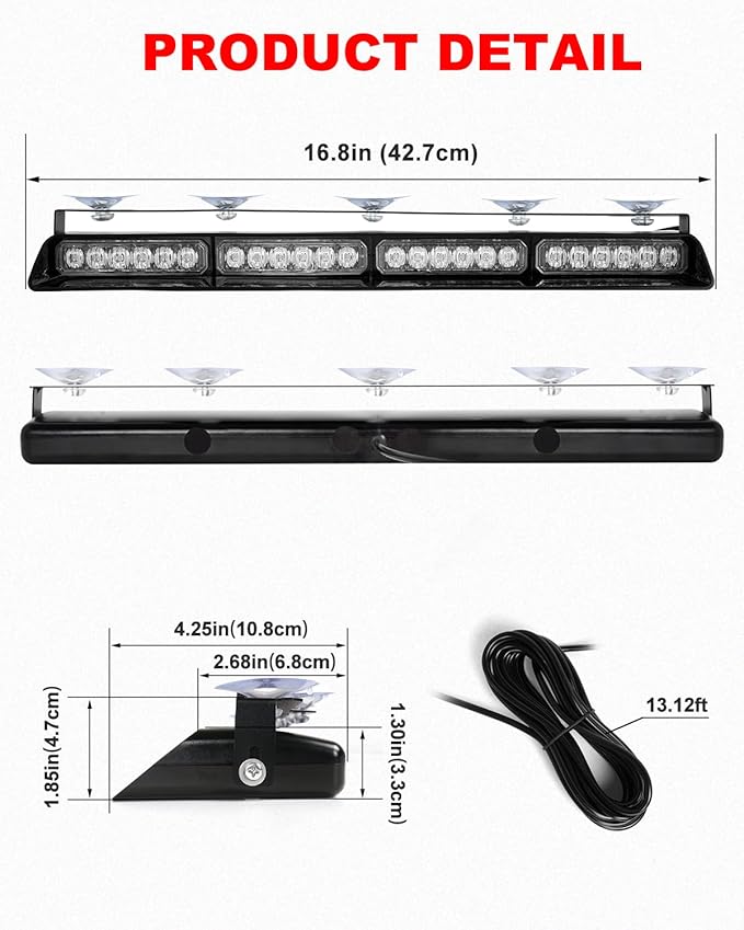 HLauto 6Z4J Emergency Dash Strobe Lights: 2x16.8 inch Red Amber Safety Lights, 48 LED Flashing Warning Hazard Interior Windshield Visor Traffic Light Bar for Trucks, Construction Vehicles