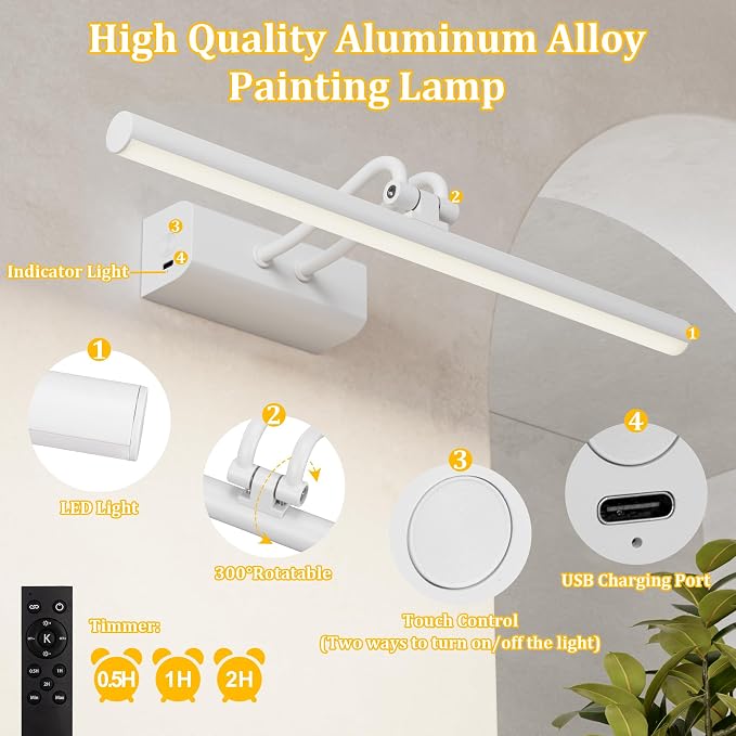 Battery Operated Picture Light for Wall, Remote Control, White | 4000mAh Cordless,Wall Light, Magnetic for Easy to Charge,Timers, Display for Gallery Living Room Bedroom