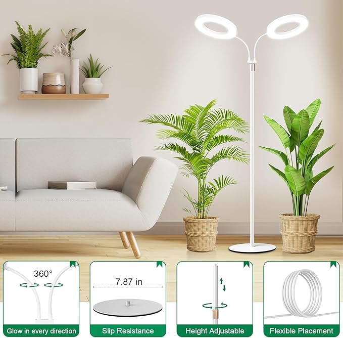 LBW Full Spectrum Grow Light with Stand for Large & Tall Indoor Plants, Adjustable Height 48.8–68'', Auto Cycle Timer 4/8/12H, 4-Level Dimmable Floor Plant Light (White)