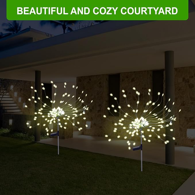 PXBNIUYA 4 Pcs Solar Garden Light Outdoor,175 LED Solar Firework Lights for Yard, 2 Modes IP67 Waterproof Copper Wire DIY Decorative Light, Starburst Lights for Party Patio(Warm White)