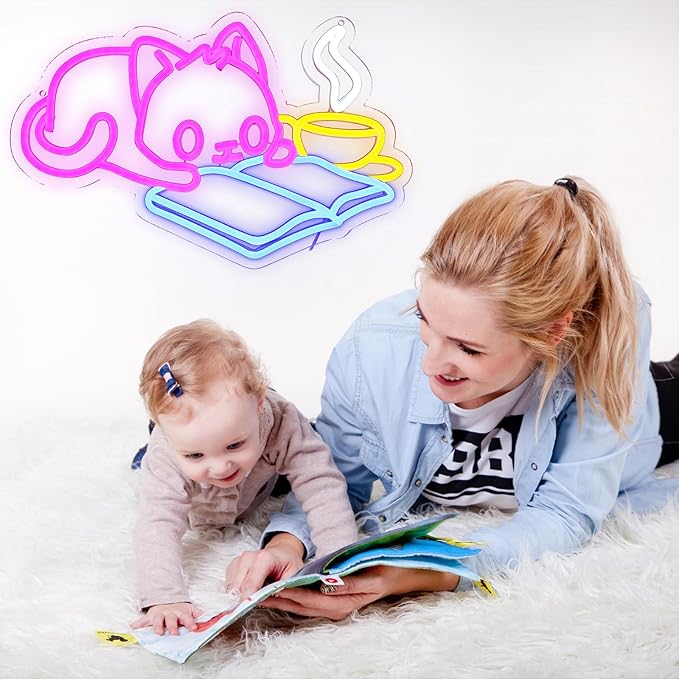 Cat Reading Book Neon Sign for Wall Decor, Cute Cat Led Signs for Library, USB Dimmable Neon Lights for Classroom Reading Cafe Corner Bedroom Study Room Home Book Club Motivational Wall Art