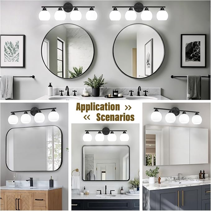 Matte Black Bathroom Light Fixtures, 4-Light Vanity Light Over Mirror | Modern Bathroom Lighting Over Mirror, Wall Sconces, Milky White Globe Glass Shades, E26 Socket,ETL Listed