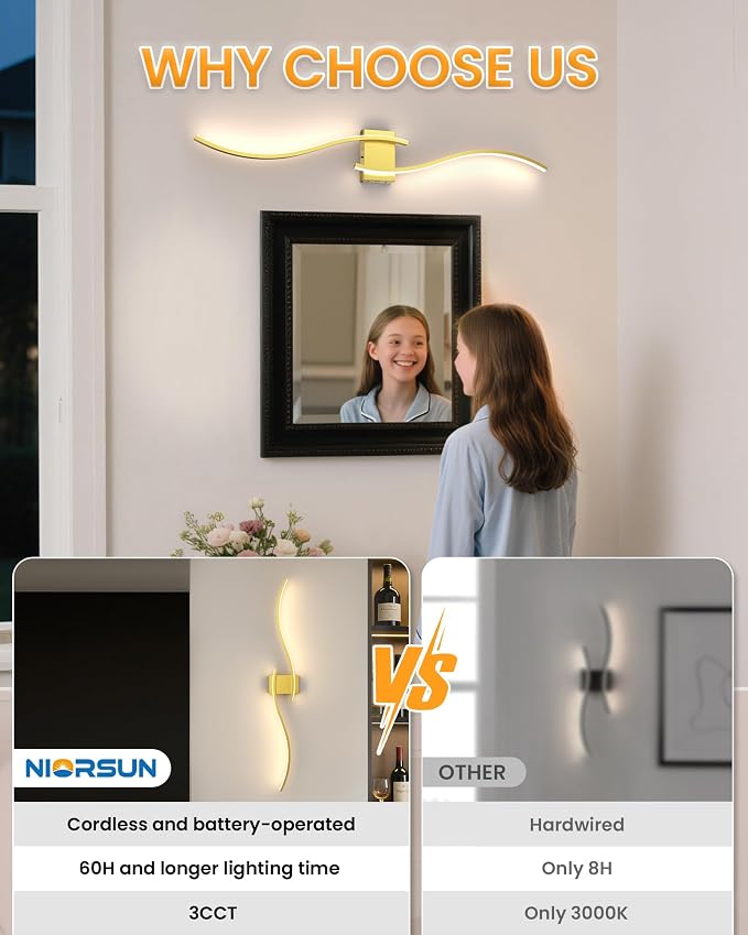 39.4 Inch Battery Operated Wall Sconce Set of 2, Gold Modern Rechargeable Wall Lights with Remote, 3CCT Dimmable Wireless Wall Lamp for Living Room Bedroom Hallway