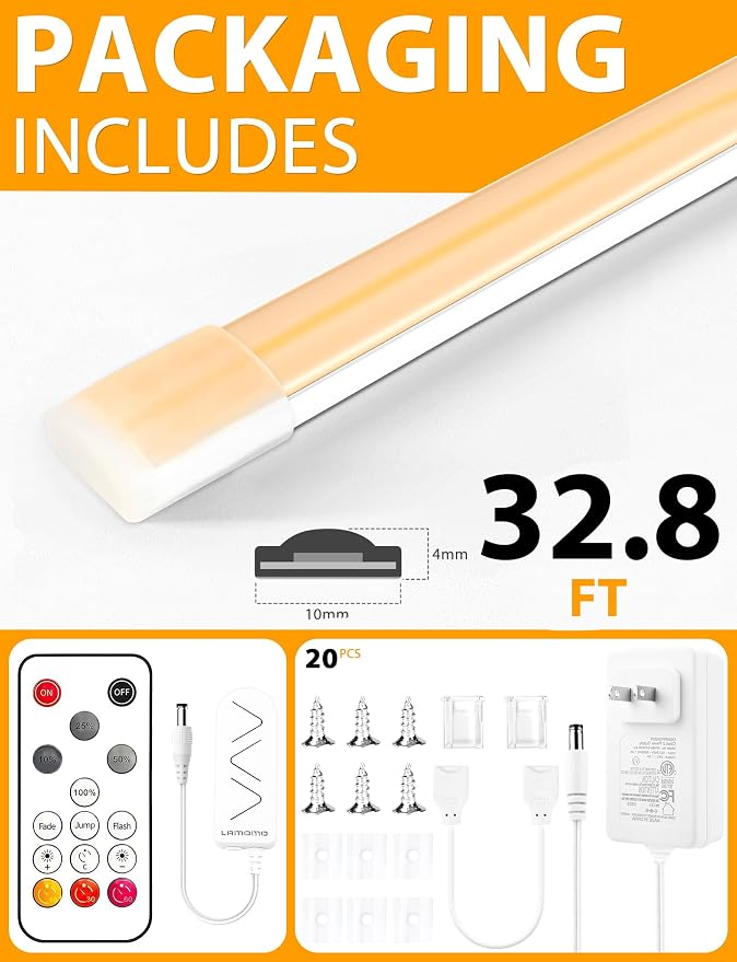 Lamomo COB LED Strip Lights 32.8Ft, Warm White Dimmable Self-Adhesive Led Rope Light with Remote, Flexible Cuttable Waterproof 3000K Silicone Neon Tape Light for Bedroom, Indoor, Cabinet, 10mm Width