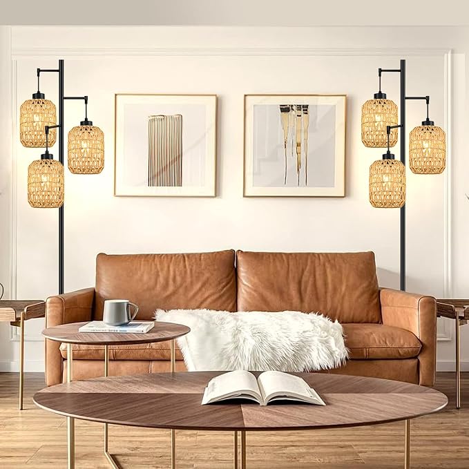 QIYIZM Floor Lamp for Living Room,Bedroom,Boho Rattan Tree 3 Lights Farmhouse Floor Lights,Industrial Black Standing Lamp Wicker Rustic Tall Lamp,Woven Bamboo LampShade Floor Lamps Bohemian