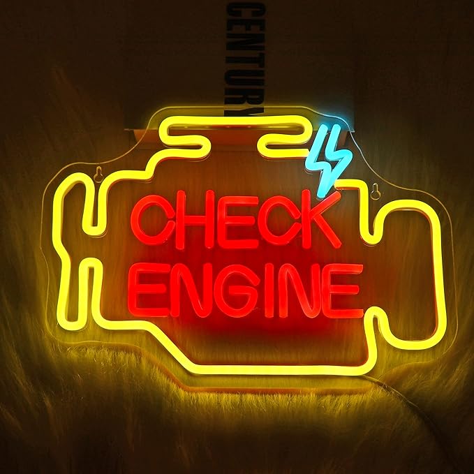 Check Engine Neon Sign, JGHTURIE Man Cave Neon Signs for Wall Decor Garage Car Room Yellow Light Up Sign Auto Repair Workshop Led Signs USB Powered