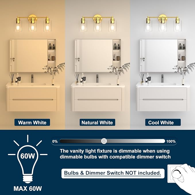 Bathroom Vanity Light Fixtures, 3-Light Brushed Gold Wall Sconce with Clear Glass, Modern Vanity Lights Over Mirror for Bathroom, Kitchen, Living Room, Mirror, E26 Base(Bulbs Not Included)