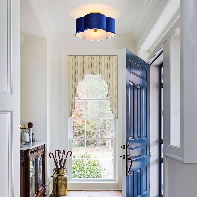 VILUXY Modern Semi Flush Mount Ceiling Light Fixture, Blue and Gold Ceiling Lights with Velvet Fabric Shade 4-Light Drum Ceiling Light Fixture for Bedroom Nursery Hallway Entryway Kitchen, UL Listed