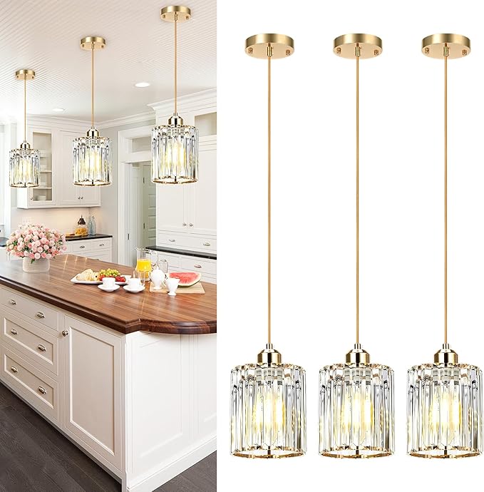 3 Pack Gold Pendant Light, Elegant Modern Island Lights for Kitchen with Crystal Glass – Luxury Mini Pendant Light for Kitchen Island, Dining Table, Entryway, Restaurant