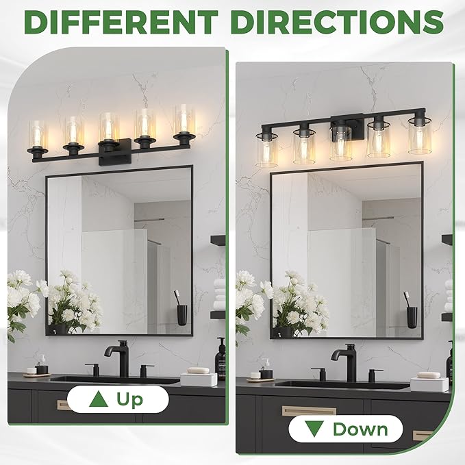 DORESshop Bathroom Light Fixtures, 5-Light Black Bathroom Lighting Fixtures Over Mirror with Clear Glass Shade, Vanity Lights for Hallway Living Room Bedroom