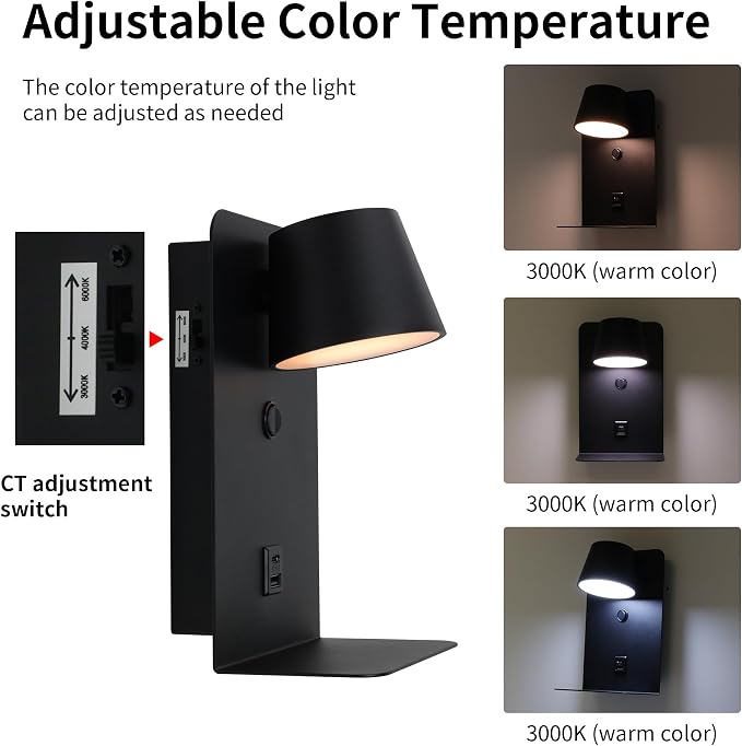 DEC LUCE DECOLUCE LIGHTING Modern LED Plug in Wall Sconce, Dimmable Wireless Wall Light Fixtures with Shelf and USB Port, 6W,600LM, Rotatable Small Reading Wall Lamp for Bedroom Bedside, Black