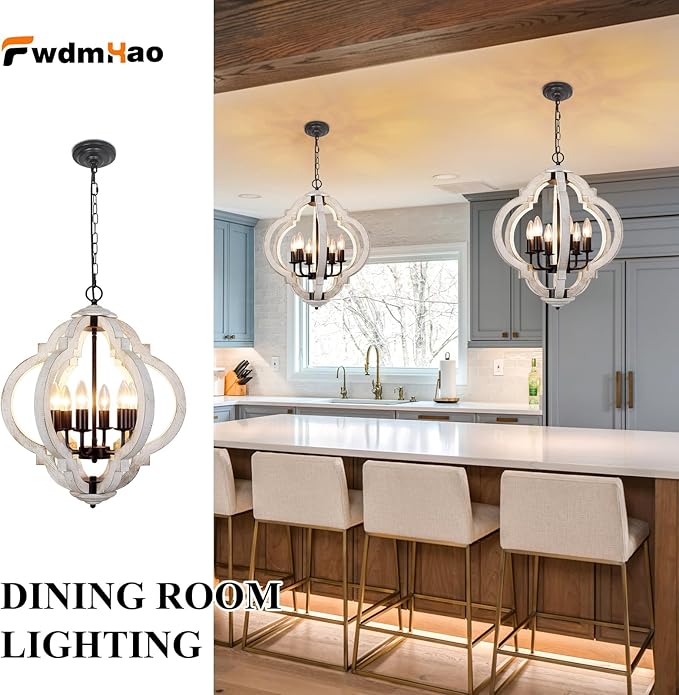 6-Light White Farmhouse Chandelier, French Country Rustic Wood Light Fixture for Dining Room, Kitchen Island, Bedroom, Entryway, Living Room