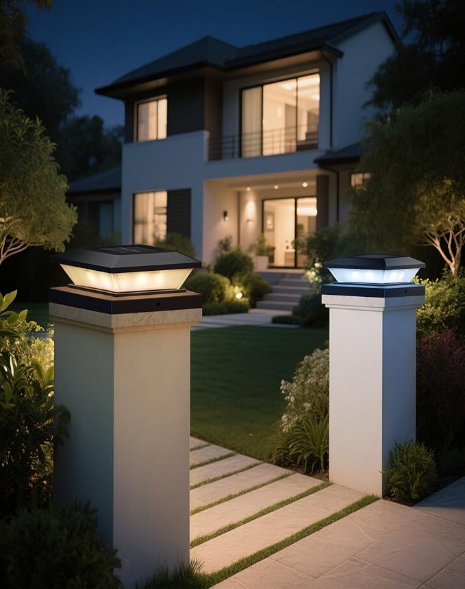 4x4 Solar Post Cap Lights - 2 Pack Fence Deck Post Solar Powered Lights | 3.5x3.5 4x4 Outdoor Postcap Light for Wood/Vinyl Posts, LED Waterproof Patio Porch Posts Lighting, 3 Lighting Modes, Black