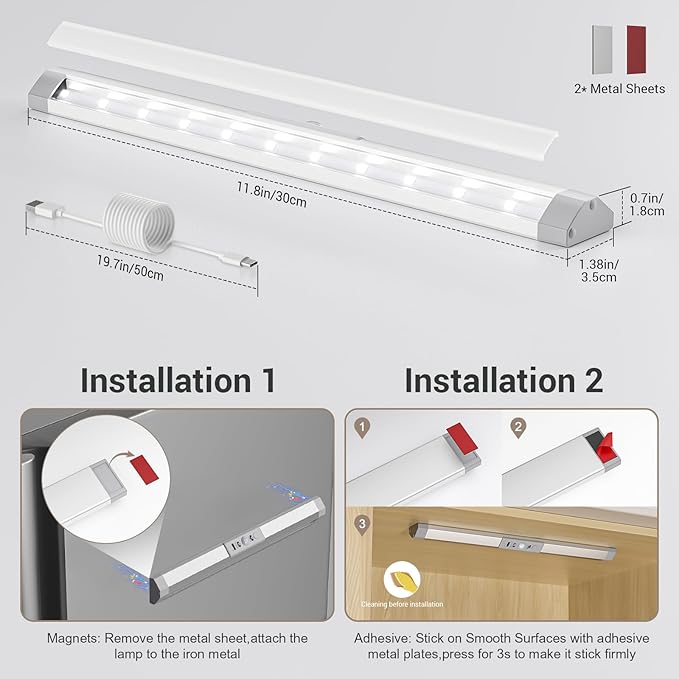 WOBANE Rechargeable Motion Sensor Closet Light,3 Color Dimmable LED Bar with Eye Comfort Design,Magnetic Mount Wireless Battery Operated LED Lighting for Wardrobe,Stairs,Pantry,Hallway, 12inch, 2PCS