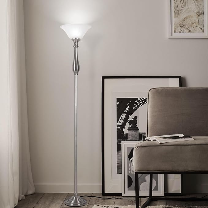 Torchiere Floor Lamps for Living Room Bedroom, 72" Tall Alabaster Glass Bowl Shade with No Bulb, Standing Lamp Iron Brushed Nickel for Corner,Office, Home Decor
