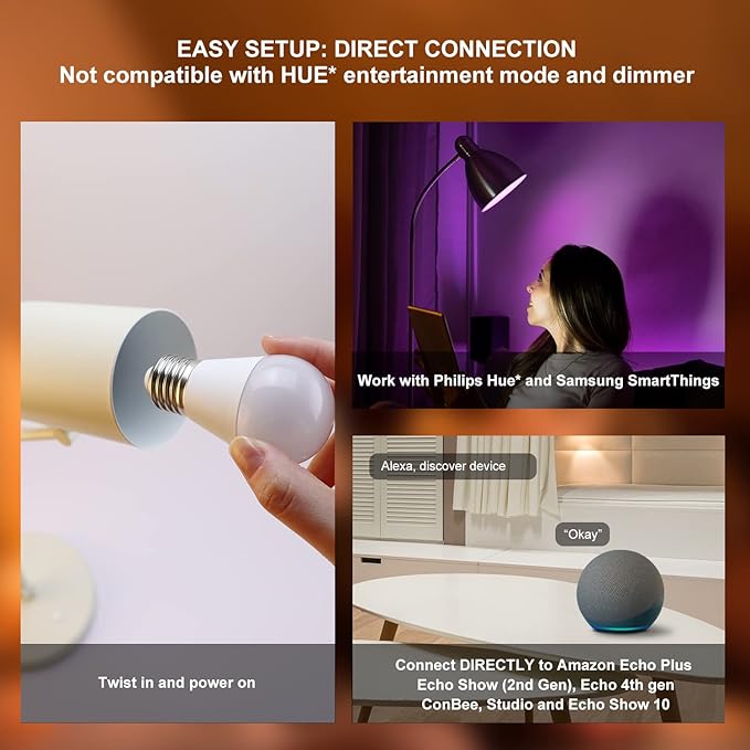 Zigbee A15 Smart Bulbs, Hub Required (Compatible with Hue*, Alexa, Google & ConBee), E26, 5W=40W,400LM Color Changing, Dimmable WiFi Light Bulbs, 2Pack