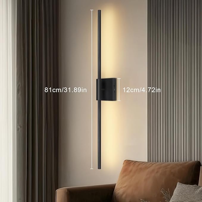 Battery Operated Wall Sconces Set of Two, Wireless Wall Sconces 31.5 Inch | Rechargeable, Remote Control, Dimmable, 360°Rotate, Cordless Wall Light Decor for Living Room, Hallway, Timing, Black
