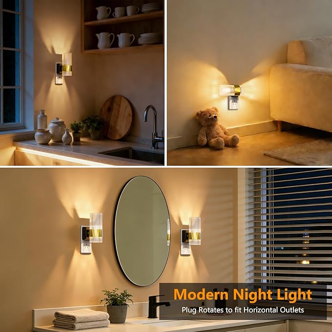 LED Night Light Rotating, Acrylic Night Lights Plug into Wall with Dusk to Dawn Sensor, 0-100LM Dimmable 2700K Nightlight Plug in for Bedroom, Bathroom, Living Room, Hallway (2 Pack)