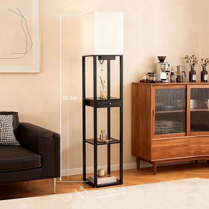 Shelf Floor Lamp with 1 Drawer,2 USB-C Ports,1 AC Outlets, Modern Wood Floor Lamp with Storage, Corner Display Standing Lamp for Living Room, Bedroom, Office