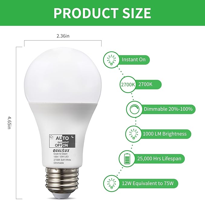 Dusk to Dawn Light Bulbs, Auto On/Off Light Sensing LED Bulbs Outdoor, Soft White, Dimmable, 12W 1000LM 75W Equivalent, HQ-H030