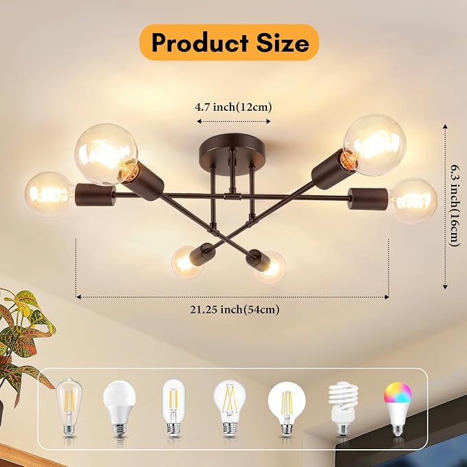 Modern Sputnik Chandelier Ceiling Light Fixture 6-Light, Brown | Bedroom Sputnik Ceiling Light Fixture for Living Room, Dining Room, Kitchen, Office, Foyer, Hallway - E26 Base