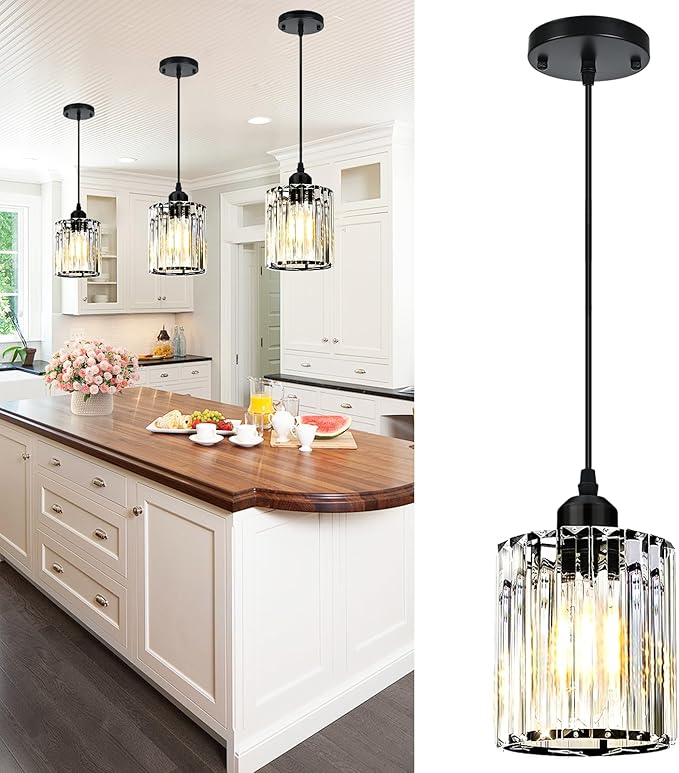 1-Piece Pendant Lights Kitchen Island, Elegant Modern Island Lights for Kitchen with Crystal Glass – Luxury Kitchen Hanging Light for Kitchen Island, Dining Table, Entryway, Restaurant