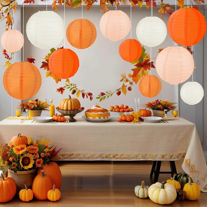 Fall Paper Lanterns, Orange Peach Cream Thanksgiving Party Hanging Paper Lanterns for Fall Festival Wedding Baby Shower Birthday Party Supplies (12 PCS)