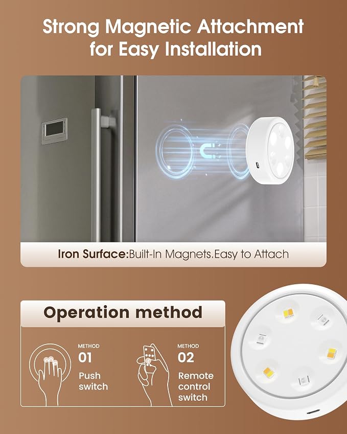 HOLKPOILOT Puck Lights with Remote, 2000mAh Battery Operated Rechargeable Under Cabinet Lighting, 3 Color Temps & 7 RGB Colors, Magnetic Closet Light, White Wireless Puck Light for Kitchen, Shelf