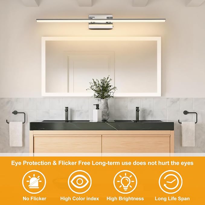 LED Bathroom Vanity Light, Modern Bathroom Light Fixture Over Mirror (3000K/4000K/6000K, Dimmable), Vanity Light Bar with Angle Adjustable, 40 Inch, Chrome