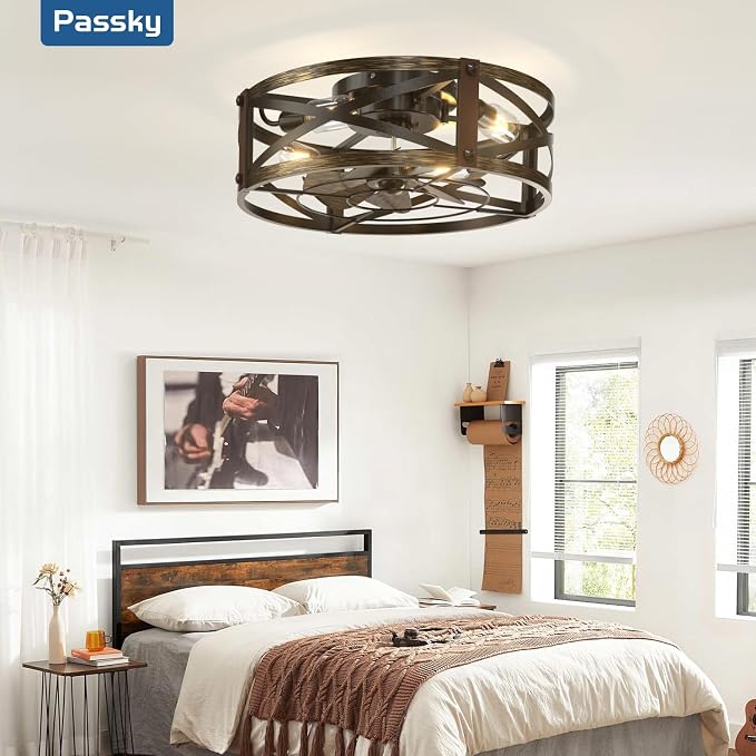 Passky 20" Caged Ceiling Fans with Lights and Remote, Low Profile Fandelier | Reversible DC Motor, 1/2/4H Timer, 6 Speeds, Farmhouse Style, Quiet Operation, for Bedroom, Kitchen, Dining Room, Living Room