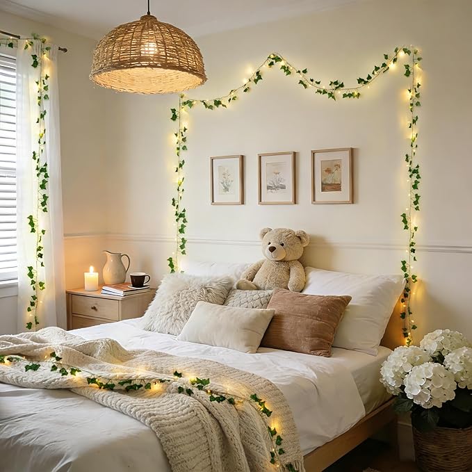 JMEXSUSS 100 LED Vines with Lights Plug in, Ivy Vines with Fairy Lights with Remote, 33 FT Leaf String Lights Waterproof for Room Bedroom Wall Fireplace Wedding Decoration(Warm White)