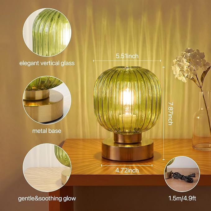Elenhome Green Touch Glass Table Lamp, 3-Way Dimmable Bedside Lamp, Vintage Mid-Century Modern Small Nightstand Lamp for Bedroom and Living Room, Ambient Mood Lighting, LED Bulb Included