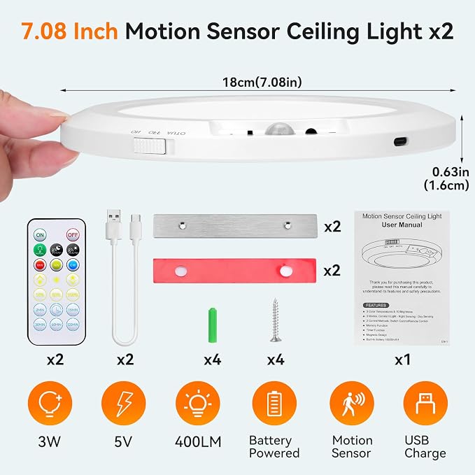 Battery Operated Ceiling Light, Motion Sensor Closet Light with Remote | 2 Packs Magnetic Ceiling Light, 10000mAh, Timer Function, 3 Modes 3 Color 10 Brightness, for Home Stairs Hallway Landry