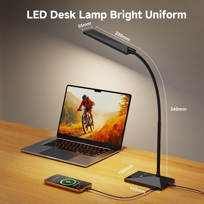 LED Desk Lamp, Eye-Caring Desk Light | 7W 390LM ,5 Color Modes & Stepless Dimming, 360° Flexible Gooseneck Touch Control Table Lamp for Bedroom Bedside Study Black