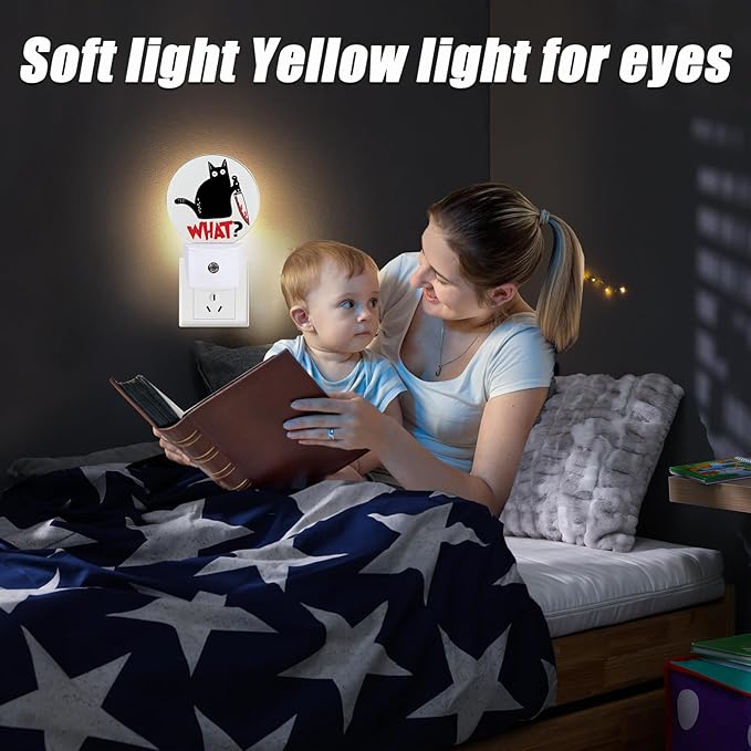 Funny Black Cat and Knife What Night Light,Nightlight Plug into Wall LED Lamp Auto Sensor Dusk to Dawn for Bedrooms/Kitchens/Toilets/Corridors,Energy-Saving