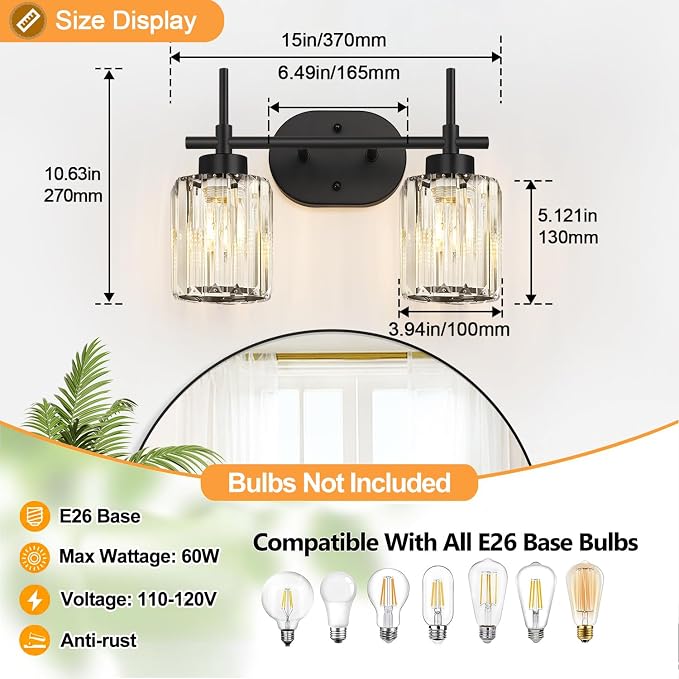 2-Light Matte Black Crystal Bathroom Vanity Light, Modern Bathroom Lighting Fixture Over Mirror, K9 Crystal Bathroom Wall Light with Round Shades, E26 Base(Bulbs Not Included)